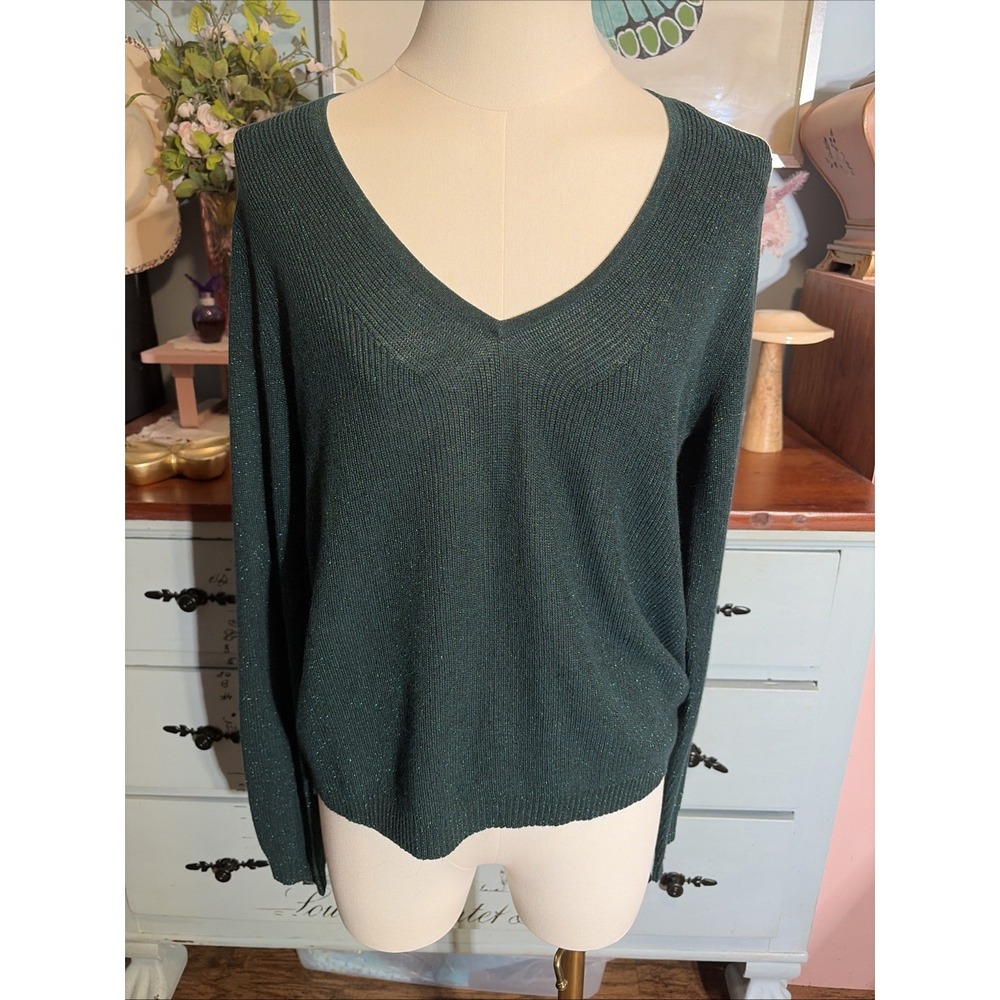 FatFace Women's Sz 10 V Neck Green Glittery Sweater. Fall, Christmas